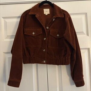 Retro brown corduroy cropped jacket with tortoise buttons from Francesca’s